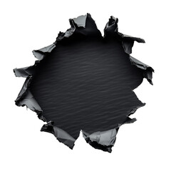 Torn paper with a hole revealing a black, cracked shape through the ripped design