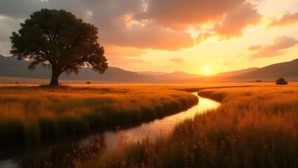 Fototapeta premium Beautiful nature landscape sunset river tree field mountains scenic view golden hour calm peaceful serenity 100