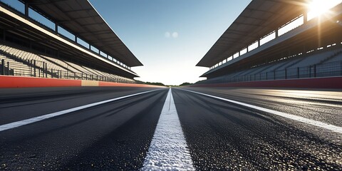 Empty professional race track with dynamic tire marks and sunrise lighting, symbolizing adrenaline, precision, and the spirit of motorsport and endurance racing