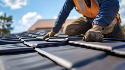 Roofing worker installing roof tiles in a new house. Featuring precision and skill