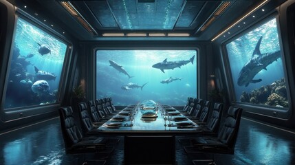 A modern futuristic conference room with underwater aquarium windows