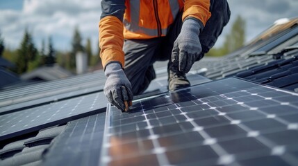 Roofing worker installing solar panels on a roof. Featuring innovation and skill