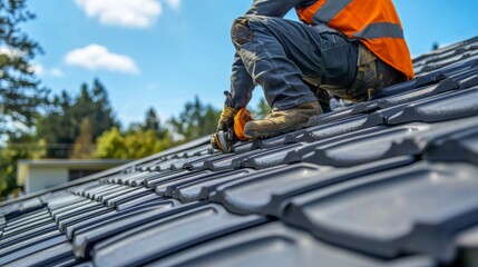 Roofing worker repairing a roof in a residential area. Featuring technical skill and focus