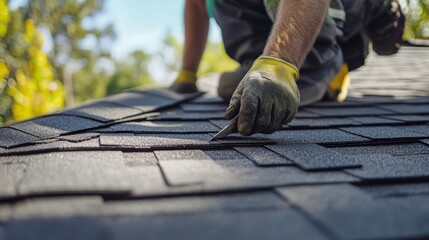Roofing worker replacing damaged shingles on a roof. Featuring skill and safety