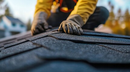 Roofing worker replacing damaged shingles on a roof. Featuring skill and safety