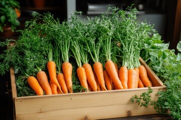 Fresh carrots in wooden crate