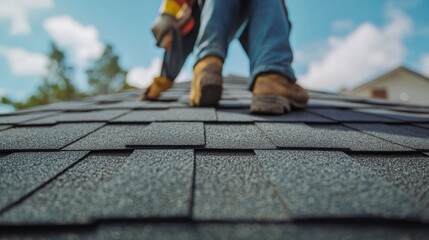 Roofing worker sealing a roof against leaks. Featuring expertise and safety