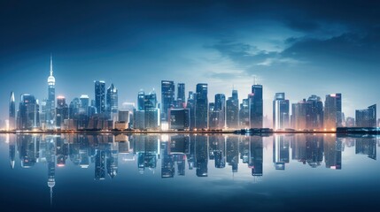 Fototapeta premium Nighttime Skyline Reflection of Modern Cityscape