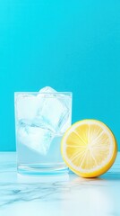 lemonade day concept. Refreshing drink with ice and lemon slice against a bright background.