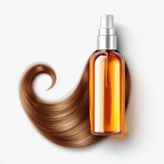 Naklejka premium Healthy hair serum. A bottle of hair oil sits beside a flowing strand of brown hair