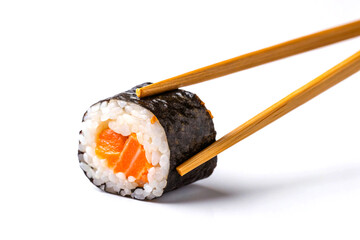Isolated salmon sushi roll with chopsticks on white, a healthy Japanese seafood mealIsolated salmon sushi roll with chopsticks on white, a healthy Japanese seafood meal
