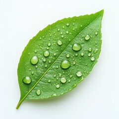 Closeup of a lush green leaf with glistening crystal like water droplets covering the surface showcasing the natural purity and refreshing essence of the plant life