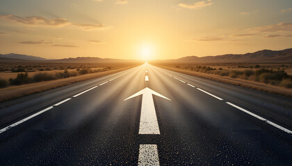 Fototapeta premium Straight Road Toward Horizon at Sunset with Arrow Symbol