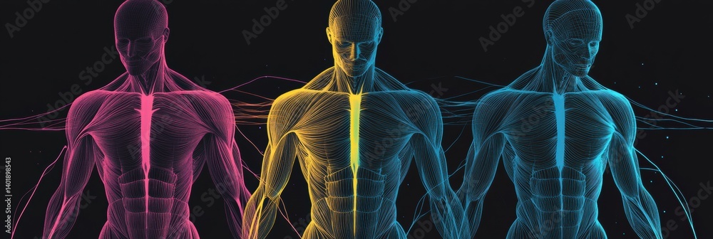 Leinwandbilder visual representation of muscle groups with color-coded lines on a black background in modern medica