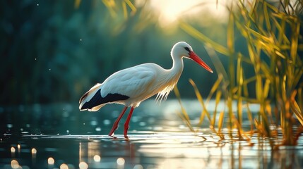 Obraz premium White stork wading in shallow water at dawn