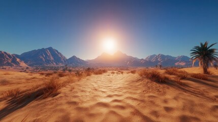 Fototapeta premium Desert Landscape at Sunset: Golden Sands and Majestic Mountains