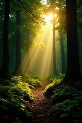 Obraz premium Warm rays of sunlight illuminate the forest's lush vegetation, sunlight filtering, trees