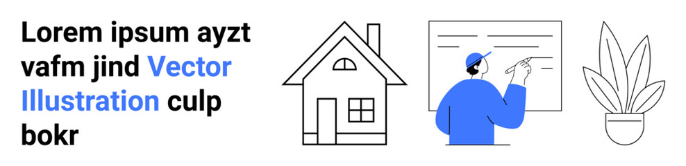 House icon alongside a person presenting at a board, with a plant in a pot. Ideal for education, real estate, creativity, sustainability, minimalism, home design, flat landing page banner
