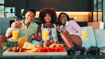 Relax, watching tv and friends laugh in home for talking, bonding or funny portrait. Living room,...