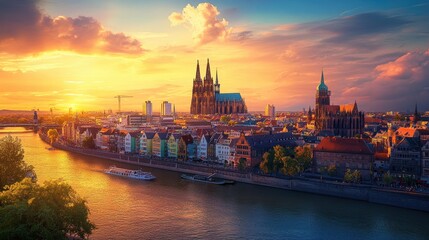 Fototapeta premium Panoramic sunset view of a European city, with a river and historical cathedral. Colorful buildings line the riverbank. Tranquil and breathtaking cityscape at golden hour