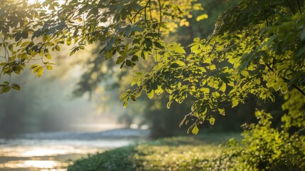 Obraz premium Sunlit Riverbank: A Serene Morning in the Woods