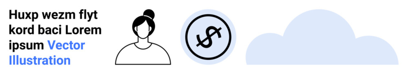 Black and white minimalist female figure, dollar coin icon, and blue cloud graphic. Ideal for finance, technology, savings, digital tools, user interface, cloud computing simple landing page