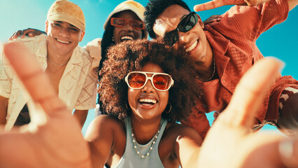 Smile, selfie and portrait of friends outdoor for social media, summer bonding and adventure....