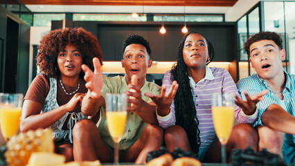 Sports fans, watching tv and friends in home for relax together, competition or game. Living room,...