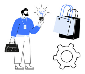 Business professional holding light bulb, briefcase beside shopping bags and gear symbol. Ideal for business innovation, e-commerce, productivity tools, problem-solving, retail strategy, workflow