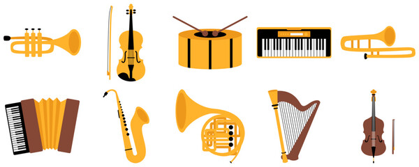 Set of jazz instruments illustration. Saxophone, piano, drum, trumpet, harp, violin, bass, accordion, music illustration. Vector isolated © Maya
