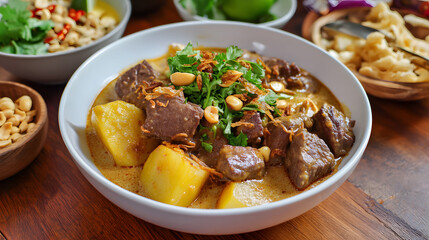 Traditional Thai Massaman Beef Curry Served in Bowl with Fresh Herbs and Accompaniments