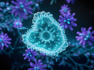 Crystal-Like Virus Structure with Purple Floral Background.