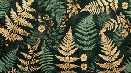 Naklejka premium Elegant arrangement of golden ferns and floral patterns on a dark green background, ideal for nature-themed designs
