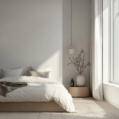 A serene and minimalist bedroom with natural light and warm tones.