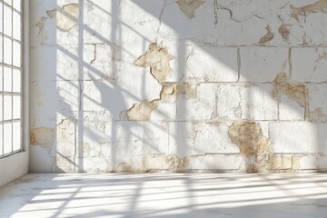Bright light casts shadows on an aged, textured wall in a white room with a clean floor