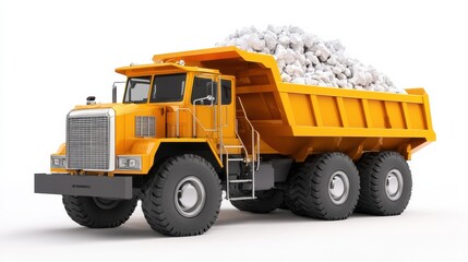 Heavy Duty Yellow Dump Truck Loaded with Gravel and Rocks on a Clean White Background