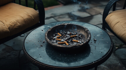 Close-up of ashtray and cigarette remains promoting awareness of no tobacco day and healthy lifestyle

