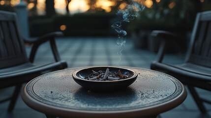 A quiet moment with smoldering cigarette butts highlighting the harmful effects of smoking and tobacco use

