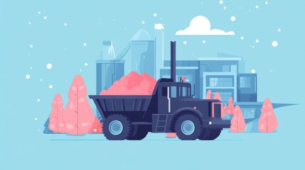 Colorful Art Illustration of Dump Truck in Industrial Scene with Trees and Cloudy Background