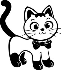 Obraz premium svg clipart black silhouette Cute Cartoon Cat with Bow Tie in Black and White Outline Style