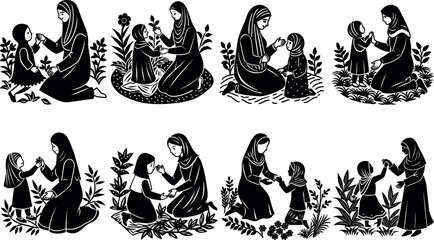 Muslim Mother Daughter Playing Together Flat Vector Islamic Hijab Illustration Family Love Bonding