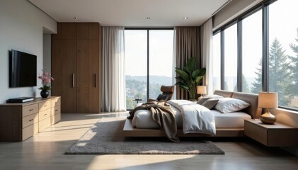 Modern bedroom with sleek furniture and large windows, minimalist style, bedroom decor