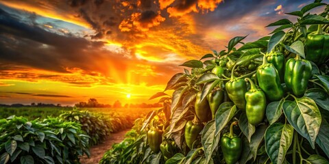 Silhouette Green Pepper Bush, Ripe Peppers Sunset Silhouette, Spicy Pepper Plant Silhouette Photography