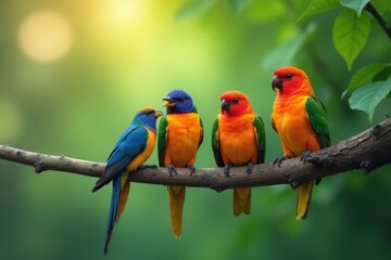 Fototapeta premium birds in a flock on a tree branch, branch, nature