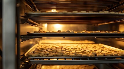 Industrial oven interior with pet biscuits baking evenly on metal trays