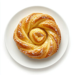 Fresh croissant on a white plate, closeup view of a delicious pastry, perfect for breakfast or a sweet snack