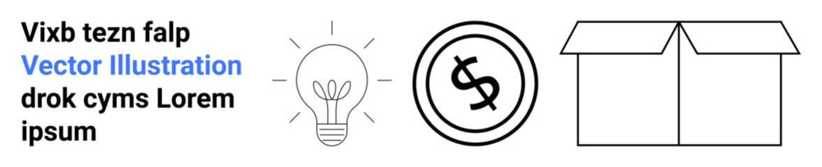 Light bulb sprouting leaves, dollar coin in a circle, open cardboard box. Ideal for sustainability, innovation, finance, e-commerce, packaging minimalism eco-consciousness. Abstract line flat