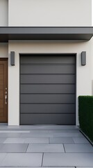 Fototapeta premium Modern residential house exterior with a sleek gray garage door, stylish wooden front door, and clean architectural design perfect for real estate and construction themes