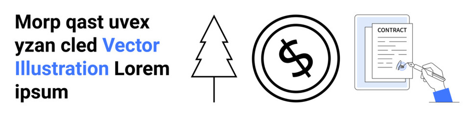 Dollar coin, tree, and a hand signing a contract. Ideal for finance, sustainability, investment, business, legal agreements, environmental economics abstract line flat metaphor