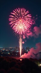 Sparkling fireworks exploding in mid-air over a cityscape at night, fireworks, display